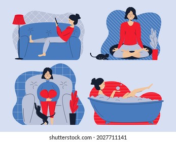 Stay at home concept. The girl on the couch looks at the phone, does yoga, takes a bath, relaxes on an armchair. Self-isolation, quarantine due to coronavirus. Set of vector illustrations 