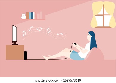 Stay at home concept. A girl playing video game at home. Vector illustration.