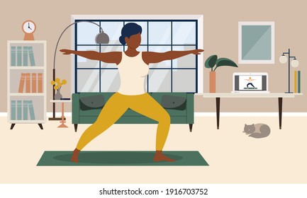 Stay home concept. Girl practicing yoga in living room. Concept illustration for online yoga clases, healthy lifestyle, live stream, internet education. Vector illustration in flat style.