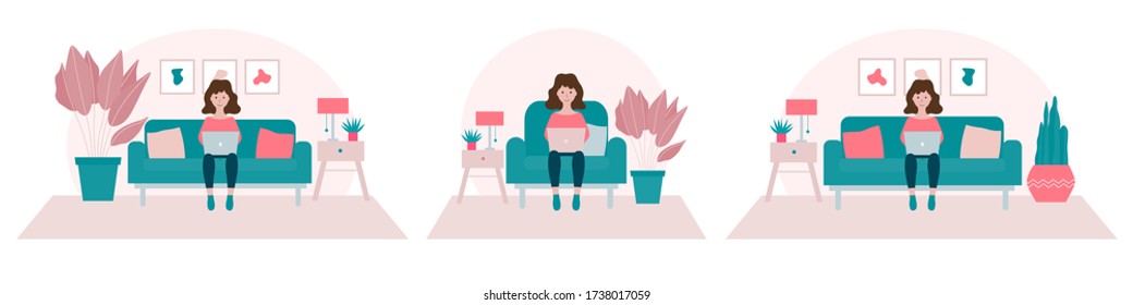 Stay home concept.Set of girl sitting on a sofa and working from home flat vector illustrations.Self isolation, quarantine due to Coronavirus. Freelance or studying concept.