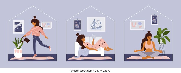 Stay home concept. Girl takes care for houseplants, reading book, doing yoga. Cozy modern scandinavian interior. Self isolation, quarantine due to coronavirus. Set of illustration of  home activities