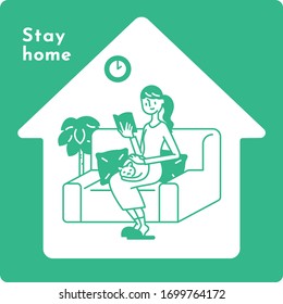 Stay home concept. Girl takes care for reading book, quarantine due to coronavirus. Illustration of home activities