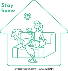 Stay home concept. Girl takes care for reading book. Illustration of home activities