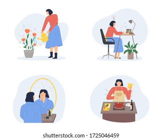 Stay home concept. Girl takes care for houseplants, work, cooking. Self isolation, quarantine due to coronavirus. Set of illustration of home activities