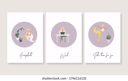 Stay home concept. Girl takes care for houseplants/work/doing yoga activity. Self isolation, quarantine due to coronavirus. Vector flat illustration.