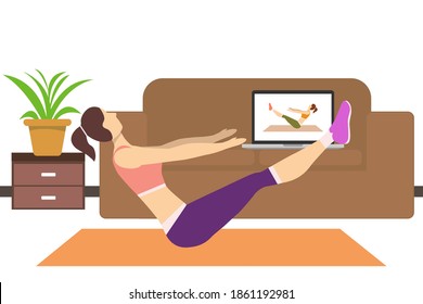 Stay at home concept. The girl watches online classes on a laptop, does fitness. Live broadcast, online education. A woman does exercises in a cozy modern interior. Vector illustrations