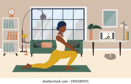 Stay home concept. Girl watching online classes on laptop, practicing yoga. Concept illustration for online yoga clases, healthy lifestyle, live stream, internet education. Vector illustration in flat