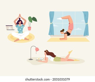 Stay home concept. Girls doing different activities at home, including yoga meditation, workout exercise, and reading books. Flat illustration.