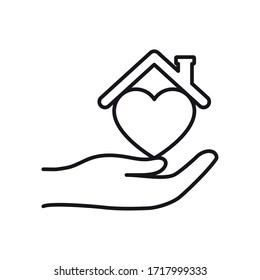 stay home concept, hand with heart and house roof over white background, line style, vector illustration