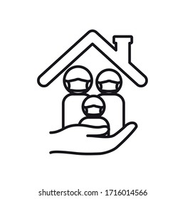 stay home concept, hand holding a family at house over white background, line style, vector illustration