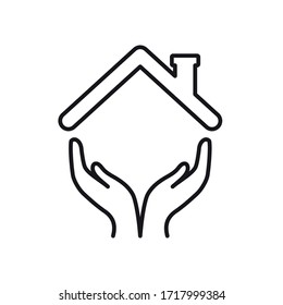 stay home concept, hands and house roof icon over white background, line style, vector illustration