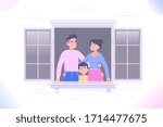 Stay at home concept. Happy family looking from window. Self isolation and quarantine during pandemic concept. Prevention against Covid 19 or coronavirus outbreak, vector illustration