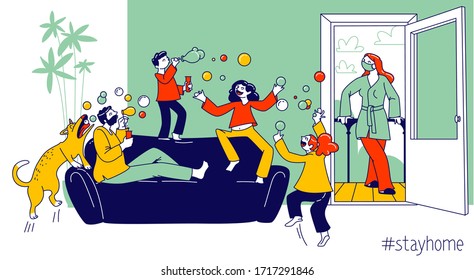 Stay Home Concept with Happy Family Characters Parents and Kids Playing and Blowing Soap Bubbles at Covid19 Quarantine Isolation. Kids Mess, Mom, Dad and Children. Linear People Vector Illustration