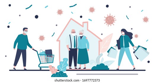 Stay home concept. Healthy elderly people at home. Help for old people during quarantine. Grandparents at self-isolation. Humans bring shopping, groceries to seniors. Pandemic Covid-19. Flat Vector