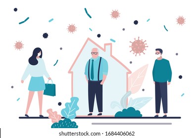 Stay home concept. Healthy old man at home. Grandfather on quarantine or self-isolation. Infected people on street. Fears of getting coronavirus. Global viral epidemic or pandemic. Vector illustration