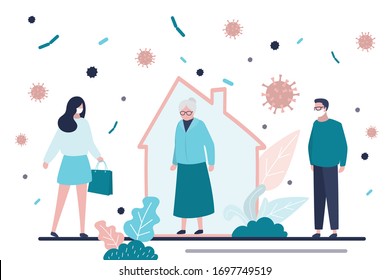 Stay home concept. Healthy old man at home. Grandmother on quarantine or self-isolation. Infected people on street. Fears of getting coronavirus. Global viral pandemic Covid-19. Vector illustration