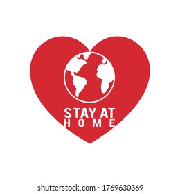 Stay home concept, heart with earth planet and Lettering typography, Hand letter colorful design over white background, vector illustration