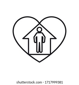stay home concept, heart with house and pictogram man icon over white background, line style, vector illustration