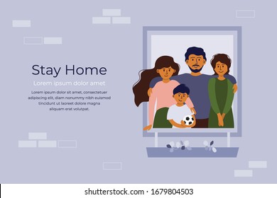 Stay home concept. House facade with briks. Big family looking out of window. Mom, dad, daughter and son with soccer ball smiling together. Coronavirus quarantine isolation. Vector illustration, flyer