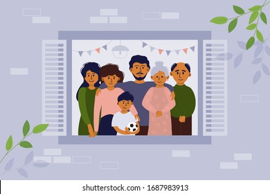 Stay home concept. House facade. Vector illustration of big family looking out of window. Seniors and young people stay together. Parents, children, grandmother and grandfather. Coronavirus quarantine