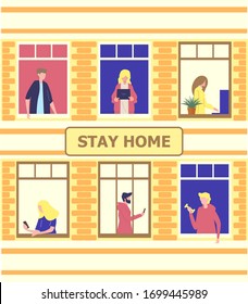 Stay home concept. House facade with windows of apartments. Neighbors are doing daily things. People are drinking tea, talking. Social campaign and support people in self-isolation.