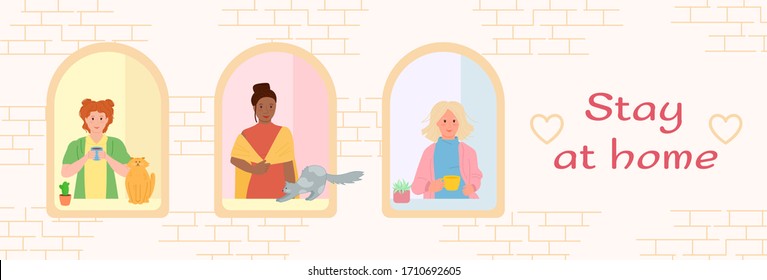 Stay home concept. House facade with windows, girls look out of apartment, cartoon. Stop coronavirus, prevention covid 19. Stay at home with self quarantine to stop outbreak. Vector illustration