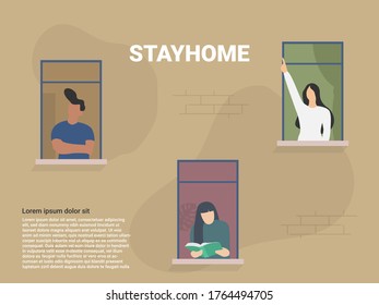 Stay home concept. House facade with windows. People look out of apartment. Greeting, smiling and communication of neighbors. Self isolation, quarantine due to coronavirus. Vector illustration, flyer.