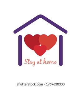 Stay home concept, house shape with hearts and Lettering typography, Hand letter colorful design over white background, vector illustration