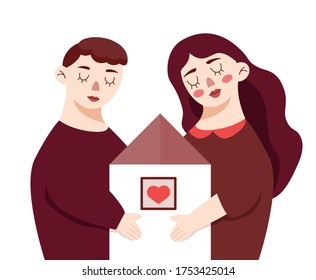 Stay at home concept, housewarming, newlyweds house. Contrast vector illustration in monochrome colors on white background, cute naive style