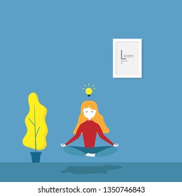 stay at home concept, illustration of girl practices meditation yoga for idea in her room flat cartoon vector