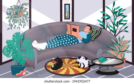 Stay home concept illustration. A man lies on a sofa in a cozy room and reads a book. A young man surrounded by houseplants and cats.The character is at home in quarantine.Vector illustration.