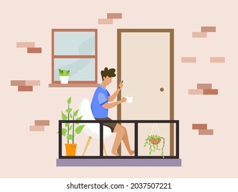 Stay at home concept illustration. Man sitting on a chair on the balcony of his house, browsing internet by phone. Vector in a flat style