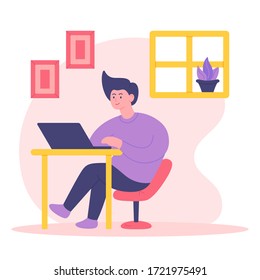 Stay home concept illustration. Men are in front of laptop working from home. Self isolation, quarantine due to coronavirus. Vector illustration.