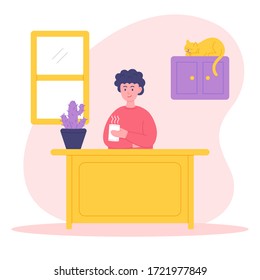 Stay home concept illustration. Men are enjoying coffee. Self isolation, quarantine due to coronavirus. Vector illustration.
