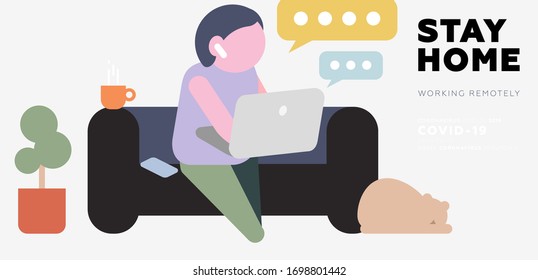 Stay home concept illustration with home office and remotely working woman or online education and study. Coffee mug, pet, laptop and home plant. Quarantine self isolation freelancer. Eps10 vector