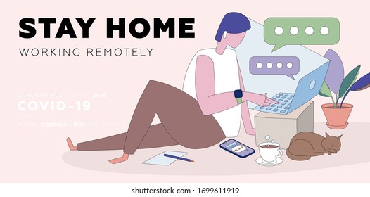 Stay home concept illustration with home office and remotely working woman or online education and study. Coffee mug, pet, laptop and home plant. Quarantine self isolation freelancer. Eps10 vector