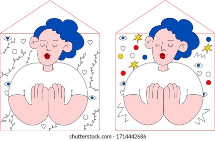 Stay home concept illustration. Vector flat trendy fashion person is staying home. Home party, Plants, confetti, keep calm.