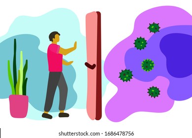 Stay home concept. Isolated man is protected from infections, coronavirus. Character with raised hands a stop covid-19 symbol on a liquid background. Man in home quarantine. Vector stock illustration