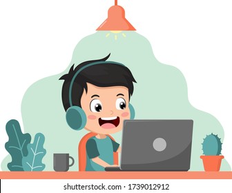 Stay home concept. kid using laptop for Online education at home for quarantine from corona virus. boy happy smile using internet technology for e-learning. people work at room. vector illustration.