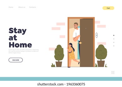 Stay At Home Concept Of Landing Page With Father See Off Little Girl Going To School At Opening Door. Dad Standing At Front Door At Home Looking At Daughter Leaving. Cartoon Flat Vector Illustration