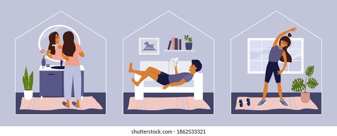 Stay at home concept. Leisure activity, workout, sport, self care. Man reading on sofa, girl doing exercise. Woman combing hair in bathroom. Set of lifestyle vector illustrations. Quarantine isolation