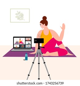 Stay home concept. Live stream, internet education. Online yoga with instructor. Woman doing workout indoor. Girl watching online classes on tv, practicing yoga, meditation.