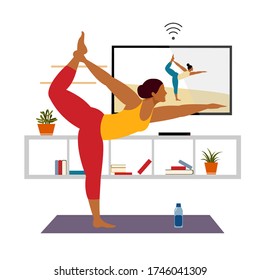 Stay home concept. Live stream, internet education. Female cartoon character practicing Hatha yoga. Woman doing workout indoor.Girl watching online classes on tv, practicing yoga, meditation.