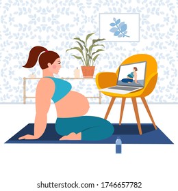 Stay home concept. Live stream, internet education. Pregnant girl cartoon character practicing Yoga. Woman doing workout indoor. Girl watching online classes on laptop, practicing yoga, meditation.