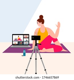 Stay home concept. Live stream, internet education. Female cartoon character practicing Hatha yoga. Woman doing workout indoor.Girl watching online classes on tv, practicing yoga, meditation.