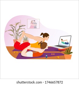 Stay home concept. Live stream, internet education. Female cartoon character practicing Hatha yoga. Woman doing workout indoor.Girl watching online classes on tv, practicing yoga, meditation.