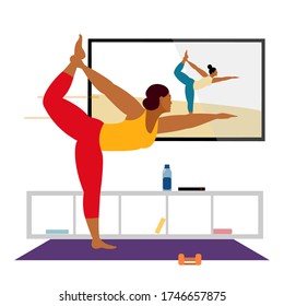 Stay home concept. Live stream, internet education. Female cartoon character practicing Hatha yoga. Woman doing workout indoor.Girl watching online classes on tv, practicing yoga, meditation.