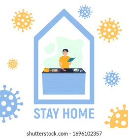 Stay home concept. Man cooking food at his home in quarantine. Flatten the curve an outbreak of the COVID-19 virus. Social distance concept. Vector illustration.