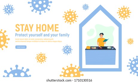 Stay home concept. Man cooking food at his home in quarantine isolated on white background. Flatten the curve an outbreak of the COVID-19 virus. Social distance concept. Vector illustration