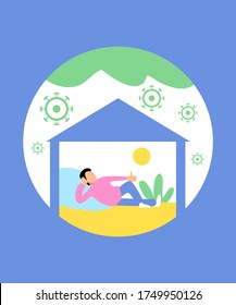 Stay at home concept. Man laying down indoor vector illustartion. Coronavirus prevention mesuares. Protection during quarantine. Self isolated happy guy. Pandemic icon. 